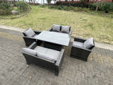 Fimous Rattan Outdoor Furniture Adjustable Rising Lifting Rectangle Dining Table Chairs Two Seater Love Sofa Sets 6 Seater