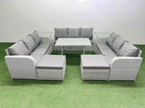 Fimous 11 Seat Outdoor PE Rattan Garden Furniture with Cushions 3 Seater Sofa 2 Side Tables 2 Big Stools Light Grey