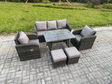 Fimous 7 Seater Rattan Wicker Garden Furniture Patio Conservatory Sofa Set with Rectangular Dining Table Reclining Chair 3 Seater Sofa 2 Small Footstool