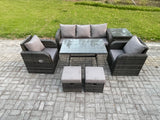 Fimous Rattan Wicker Garden Furniture Patio Conservatory Sofa Set with Rectangular Dining Table Reclining Chair 3 Seater Sofa 2 Small Footstools Side Table