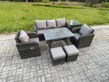 Fimous Rattan Wicker Garden Furniture Patio Conservatory Sofa Set with Rectangular Dining Table Reclining Chair 3 Seater Sofa 2 Small Footstools Side Table