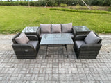 Fimous Rattan Wicker Garden Furniture Patio Conservatory Sofa Set with Rectangular Dining Table Reclining Chair 3 Seater Sofa 2 Side Tables