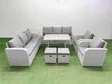 Fimous Rattan High Back Lounge Sofa Set Patio Dining Table & Chairs Set with 3 Seater Sofa 2 Reclining Chairs Side Table 2 Small Stool Light Grey