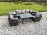 Fimous Rattan Wicker Garden Furniture Patio Conservatory Sofa Set with Rectangular Dining Table Reclining Chair 3 Seater Sofa 2 Side Tables