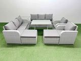 Fimous Rattan High Back Lounge Sofa Set Patio Dining Table & Chairs Set with 3 Seater Sofa 2 Reclining Chairs Side Table 2 Big Stool Light Grey