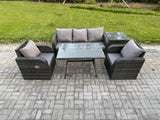 Fimous Rattan Wicker Garden Furniture Patio Conservatory Sofa Set with Rectangular Dining Table Reclining Chair 3 Seater Sofa Side Table