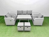 Fimous Reclining Chair 3 Seat Sofa Set Garden Furniture Set with Rectangular Dining Table 2 Side Tables 2 Small Footstools Light Grey