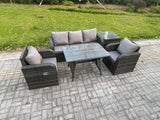 Fimous Rattan Wicker Garden Furniture Patio Conservatory Sofa Set with Rectangular Dining Table Reclining Chair 3 Seater Sofa Side Table