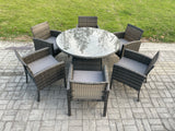 Fimous Wicker PE Outdoor Rattan Garden Furniture Arm Chair And Table Dining Sets 6 Seater Large Round Table Dark Grey Mixed