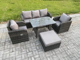 Fimous Rattan Wicker Garden Furniture Patio Conservatory Sofa Set with Rectangular Dining Table Reclining Chair 3 Seater Sofa Big Footstool