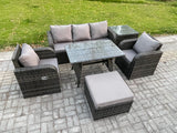 Fimous Rattan Wicker Garden Furniture Patio Conservatory Sofa Set with Rectangular Dining Table Reclining Chair 3 Seater Sofa Big Footstool Side Table