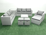 Fimous Wicker PE Rattan Sofa Garden Furniture Set with Armchair Square Coffee Table 3 Footstools Side Table Light Grey Mixed
