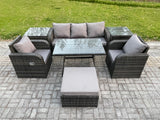 Fimous 6 Seater Rattan Wicker Garden Furniture Patio Conservatory Sofa Set with Rectangular Dining Table Reclining Chair 3 Seater Sofa Big Footstool 2 Side Tables