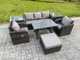 Fimous 6 Seater Rattan Wicker Garden Furniture Patio Conservatory Sofa Set with Rectangular Dining Table Reclining Chair 3 Seater Sofa Big Footstool 2 Side Tables