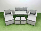 Fimous Rattan Garden Furniture Dining Set 9 seater Patio Rectangular Table Sofa Set with 2 Side Tables 4 Stools Light Grey