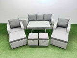 Fimous Rattan Garden Furniture Dining Set 9 seater Patio Rectangular Table Sofa Set with Side Table 4 Stools Light Grey