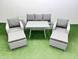 Fimous Reclining Chair 3 Seat Sofa Set Garden Furniture Set with Rectangular Dining Table Side Table 2 Big Footstools Light Grey