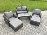 Fimous 6 Seater Rattan Wicker Garden Furniture Patio Conservatory Sofa Set with Rectangular Coffee Table Reclining Chair Love Sofa 2 Big Footstool