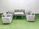 Fimous PE Rattan Garden Furniture Set Outdoor Rectangular Dining Table Sofa Set with Reclining Chair 2 Side Tables Light Grey