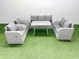 Fimous PE Rattan Garden Furniture Set Outdoor Rectangular Dining Table Sofa Set with Reclining Chair Side Table Light Grey