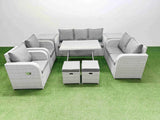 Fimous PE Rattan Garden Furniture Set Outdoor Rectangular Dining Table Sofa Set with Reclining Chair 2 Small Stool 2 Side Tables Light Grey