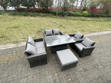 Fimous Rattan Outdoor Furniture Adjustable Rising Lifting Rectangle Dining Table Chairs Two Seater Love Sofa Sets Big Footstools 7 Seater
