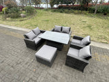 Fimous Rattan Outdoor Furniture Adjustable Rising Lifting Rectangle Dining Table Chairs Two Seater Love Sofa Sets Big Footstools 7 Seater