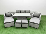 Fimous 10 PCs Rising Dining Table Set Rattan Furniture Set with 3 Seater Sofa Chair 2 Big Footstools 2 Small Footstools 2 Side Tables Light Grey