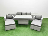 Fimous 8 PCs Rising Dining Table Set Rattan Furniture Set with 3 Seater Sofa Chair 2 Big Footstools 2 Side Tables Light Grey
