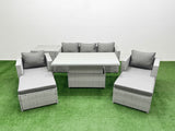 Fimous 7 PCs Rising Dining Table Set Rattan Furniture Set with 3 Seater Sofa Chair 2 Big Footstools Side Table Light Grey