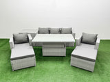 Fimous 7 PCs Rising Dining Table Set Rattan Furniture Set with 3 Seater Sofa Chair 2 Big Footstools Side Table Light Grey