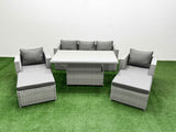 Fimous 6 PCs Rising Dining Table Set Rattan Furniture Set with 3 Seater Sofa Chair 2 Big Footstools Light Grey
