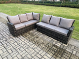 Fimous High Back Outdoor Garden Furniture Set Rattan Corner Sofa Dining Table Set With Armchairs 2 Small Footstools 10 Seater Dark Grey Mixed Left Corner