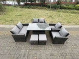 Fimous Rattan Outdoor Furniture Adjustable Rising Lifting Rectangle Dining Table Chairs Two Seater Love Sofa Sets Footstools 8 Seater