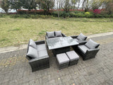 Fimous Rattan Outdoor Furniture Adjustable Rising Lifting Rectangle Dining Table Chairs Two Seater Love Sofa Sets Footstools 8 Seater