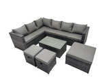 Fimous Outdoor Rattan Rectangular Coffee Table Corner Sofa Sets Garden Furniture Set with 3 Stools Dark Grey Mixed
