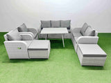 Fimous PE Rattan Garden Furniture Set Outdoor Rectangular Dining Table Sofa Set with Reclining Chair 2 Big Stool Light Grey