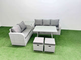 Fimous Outdoor PE Rattan Garden Furniture Set Rectangular Dining Table Sofa Set with 2 Small Stool Side Table Light Grey