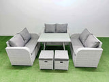 Fimous Rattan Garden Furniture Dining Set 8 seater Patio Rectangular Table Love Sofa Set with 2 Small Stools