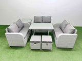 Fimous Rattan Garden Furniture Dining Set 8 seater Patio Rectangular Table Love Sofa Set with Side Table 2 Small Stools
