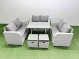 Fimous Rattan Garden Furniture Dining Set 8 seater Patio Rectangular Table Love Sofa Set with 2 Side Tables 2 Small Stools
