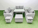 Fimous Rattan Garden Furniture Dining Set 9 seater Patio Rectangular Table Love Sofa Set with 2 Side Tables 3 Stools