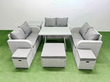 Fimous Rattan Garden Furniture Dining Set 9 seater Patio Rectangular Table Love Sofa Set with Side Table 3 Stools