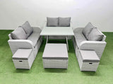 Fimous Rattan Garden Furniture Dining Set 9 seater Patio Rectangular Table Love Sofa Set with 3 Stools