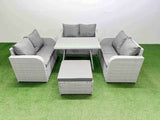 Fimous Rattan Garden Furniture Dining Set 7 seater Patio Rectangular Table Love Sofa Set with Big Stool