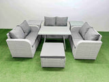 Fimous Rattan Garden Furniture Dining Set 7 seater Patio Rectangular Table Love Sofa Set with 2 Side Tables Big Stool