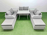 Fimous Rattan Garden Furniture Dining Set 8 seater Patio Rectangular Table Love Sofa Set with 2 Side Tables 2 Big Stools