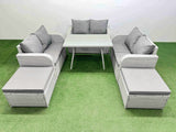 Fimous Rattan Garden Furniture Dining Set 8 seater Patio Rectangular Table Love Sofa Set with 2 Big Stools