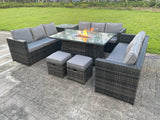 Fimous Outdoor Rattan Garden Furniture Gas Fire Pit Dining Table Gas Heater Sets Side Table Small Footstools Dark Mixed Grey 11 Seater