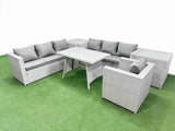 Fimous Outdoor Rattan Garden Furniture Dining Set 7 seater Patio Rectangular Table 3 Seater Sofa Armchair Set with 2 Side Tables
